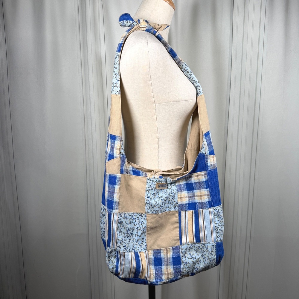 Longaberger Vintage Patchwork Sling Bag Blue Floral Plaid Canvas Hobo